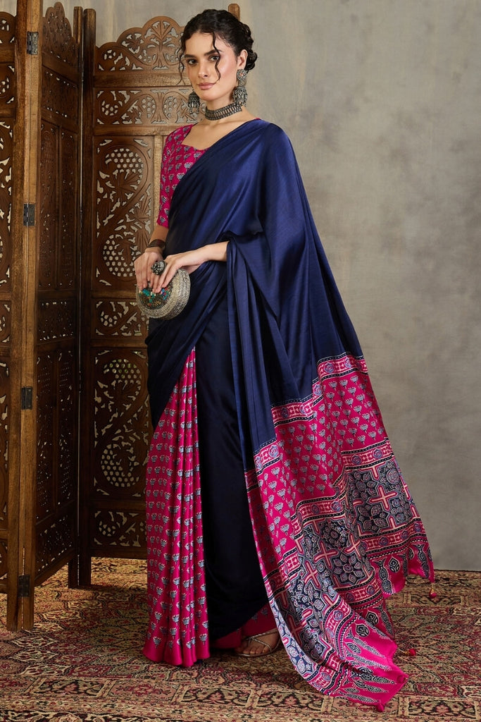 Navy Blue and Pink Ajrakh Printed Satin Silk Saree