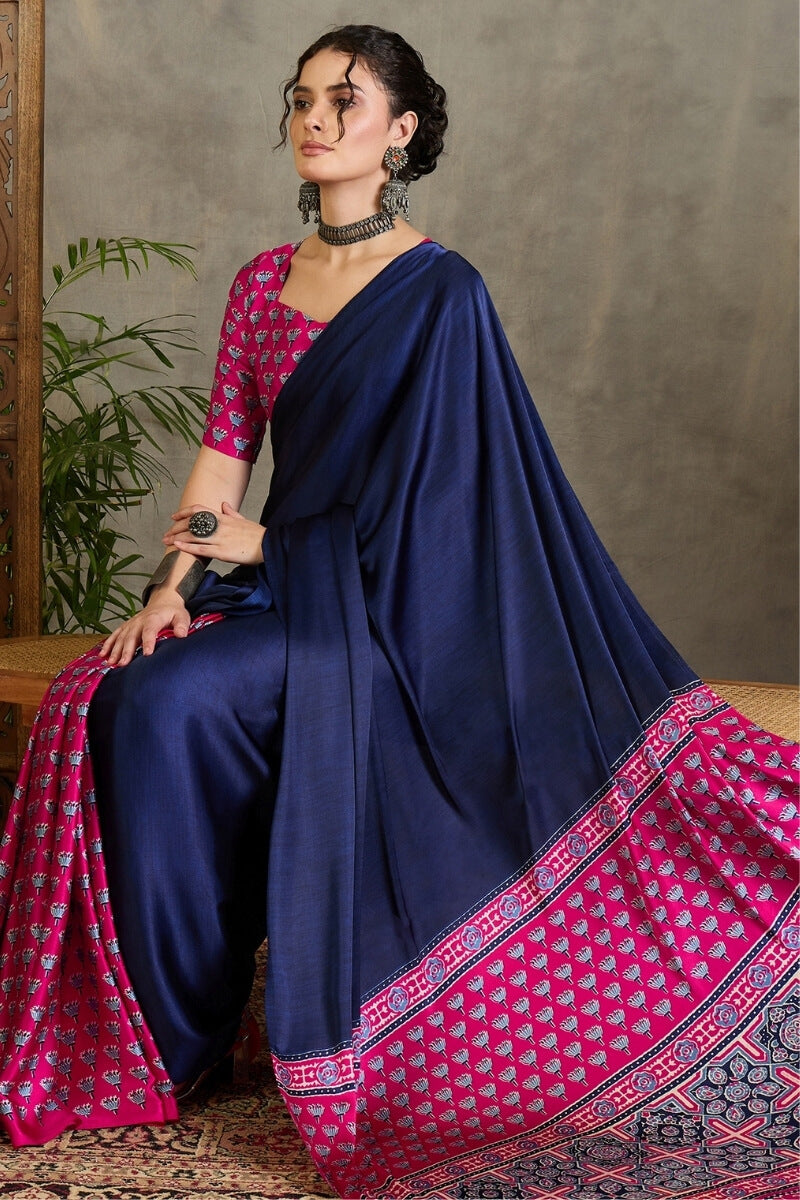 Navy Blue and Pink Ajrakh Printed Satin Silk Saree