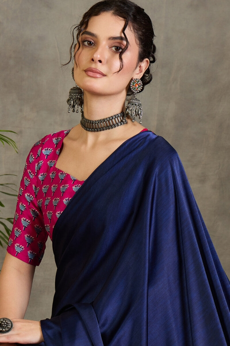Navy Blue and Pink Ajrakh Printed Satin Silk Saree