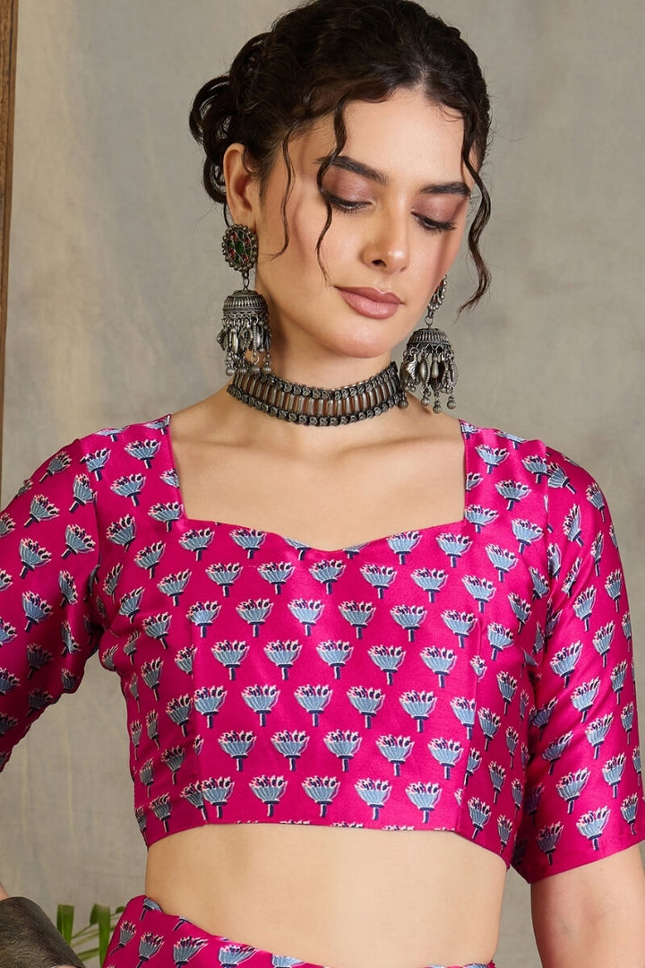 Navy Blue and Pink Ajrakh Printed Satin Silk Saree