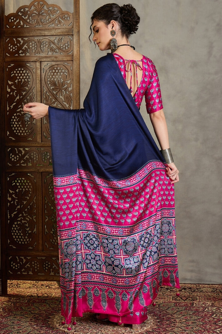 Navy Blue and Pink Ajrakh Printed Satin Silk Saree