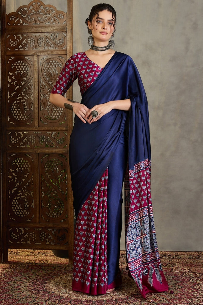 Navy Blue and Wine Ajrakh Printed Satin Silk Saree