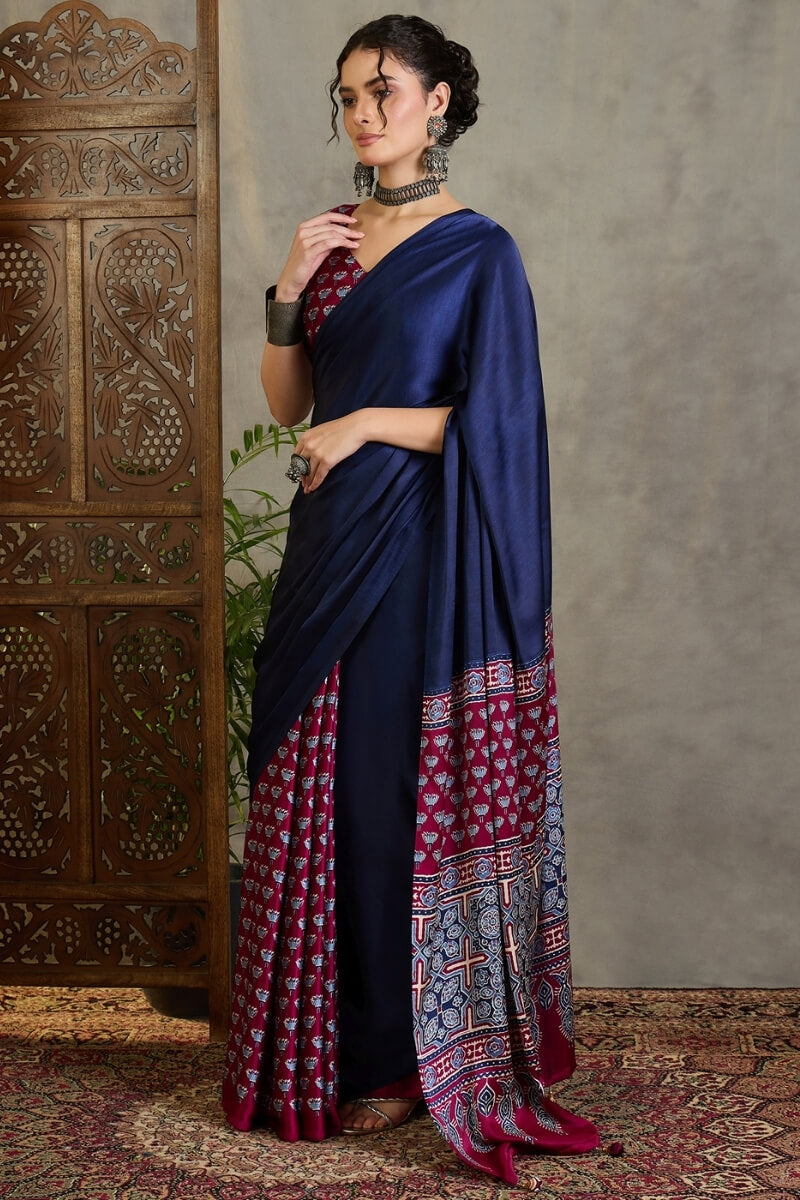 Navy Blue and Wine Ajrakh Printed Satin Silk Saree