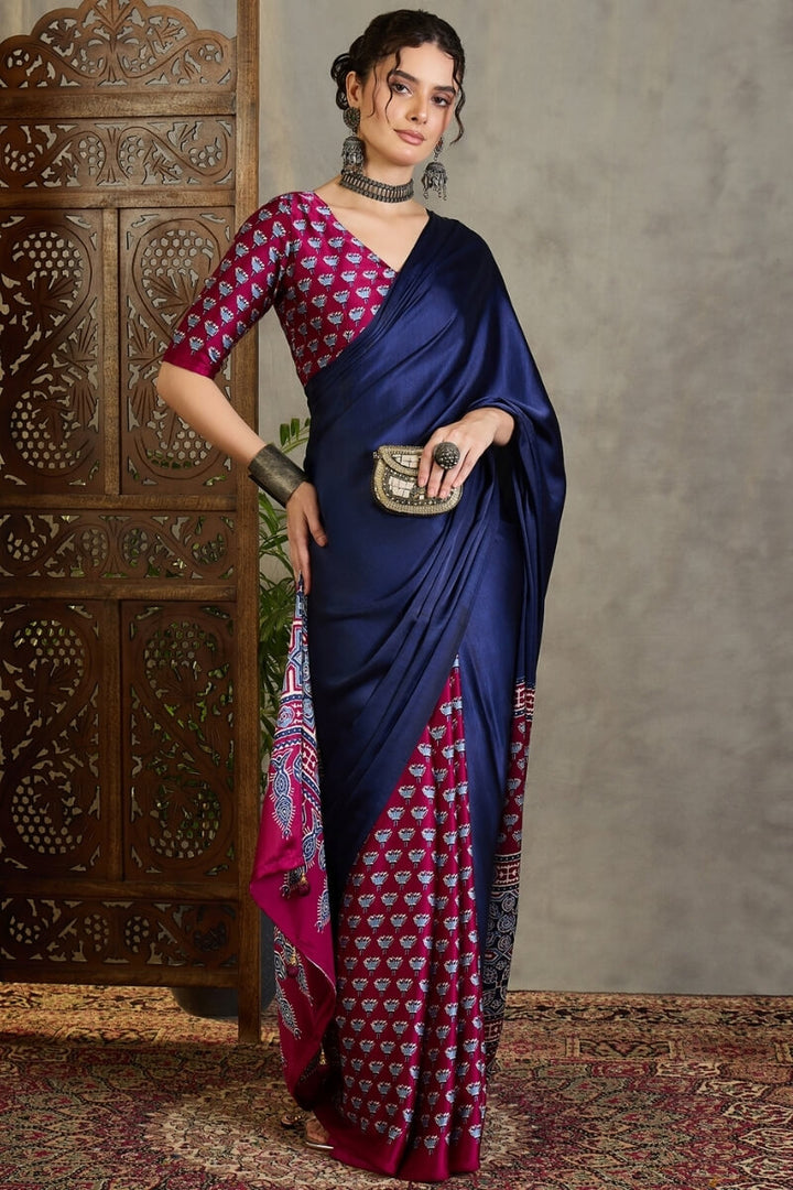 Navy Blue and Wine Ajrakh Printed Satin Silk Saree