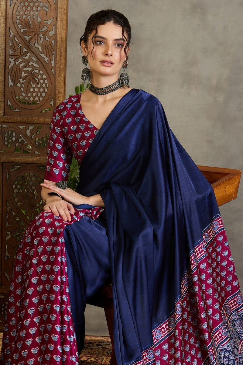 Navy Blue and Wine Ajrakh Printed Satin Silk Saree