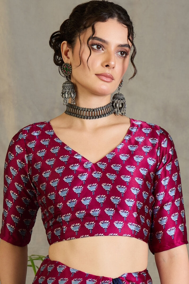 Navy Blue and Wine Ajrakh Printed Satin Silk Saree