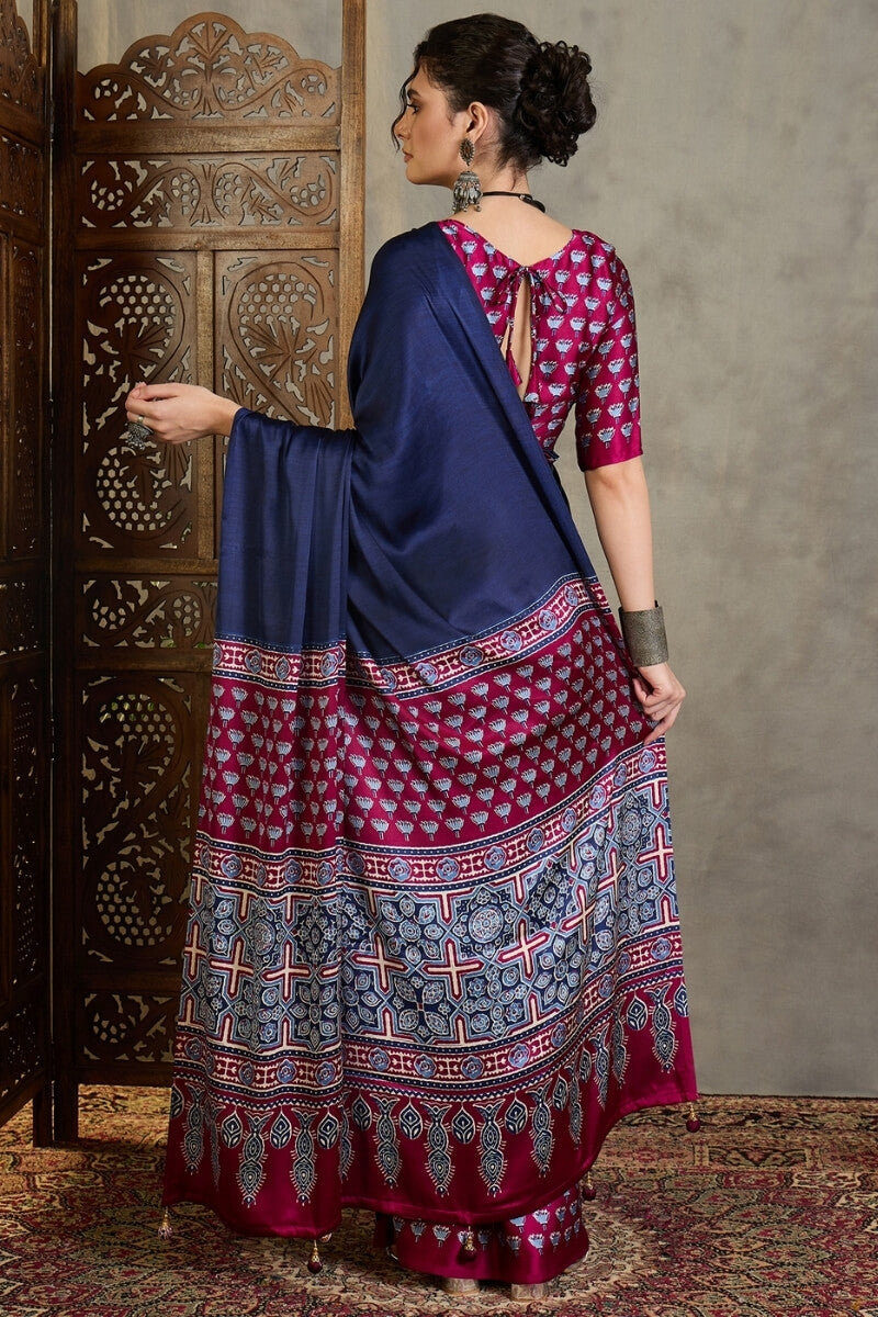 Navy Blue and Wine Ajrakh Printed Satin Silk Saree