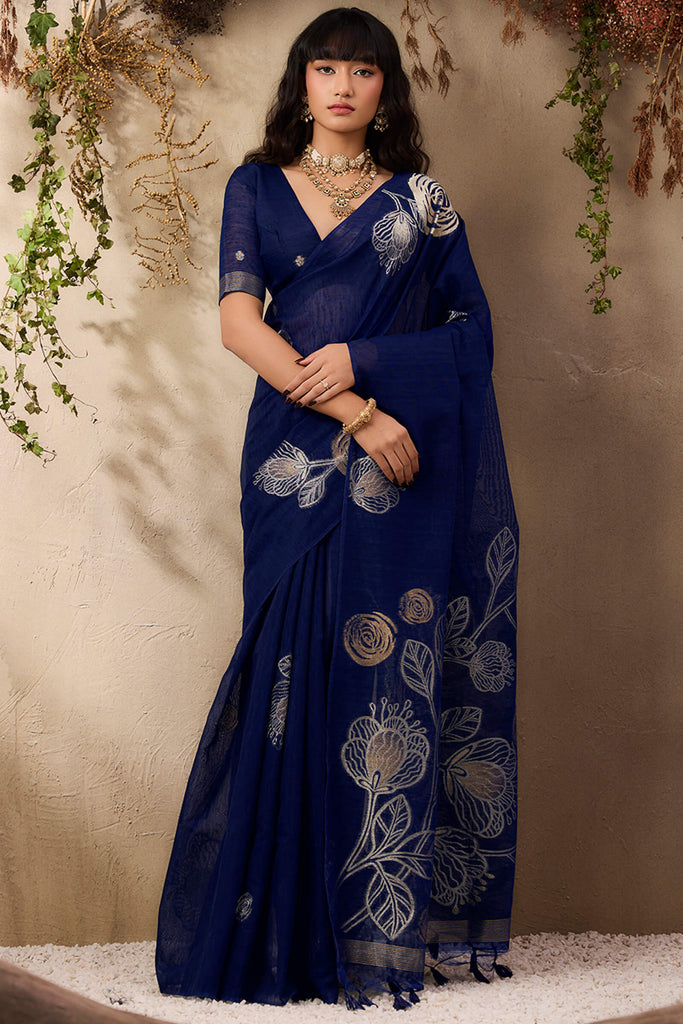 Navy Blue Munga Silk Saree