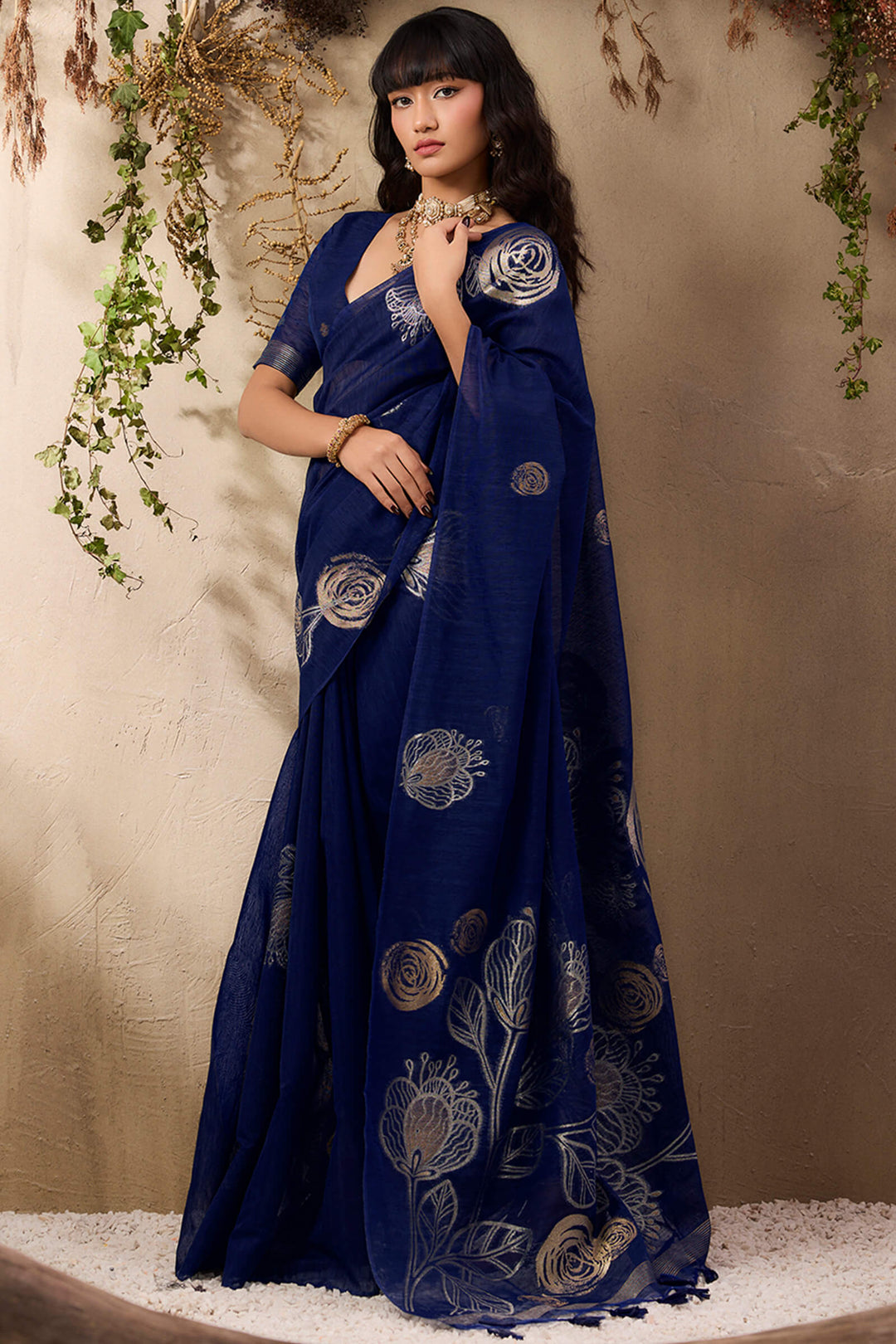 Navy Blue Munga Silk Saree