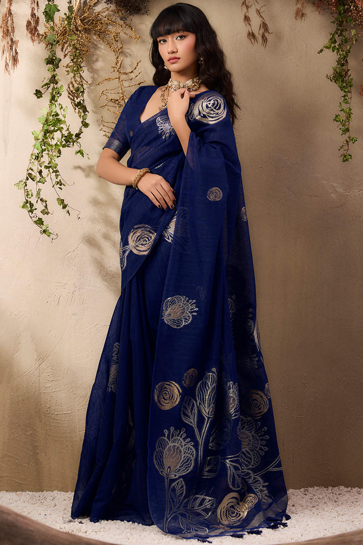 Navy Blue Munga Silk Saree