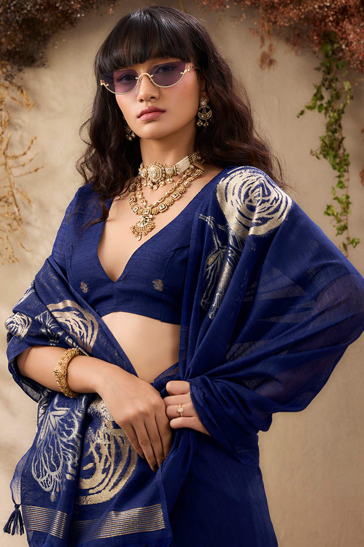 Navy Blue Munga Silk Saree