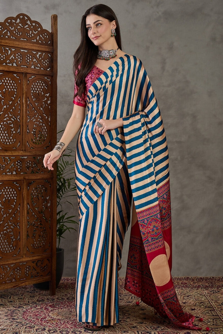 Navy Blue Stripe Ajrakh Printed Satin Silk Saree
