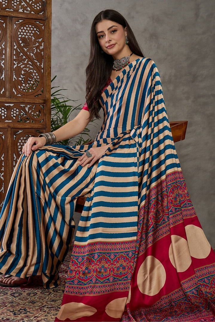 Navy Blue Stripe Ajrakh Printed Satin Silk Saree