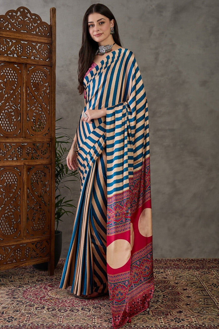 Navy Blue Stripe Ajrakh Printed Satin Silk Saree