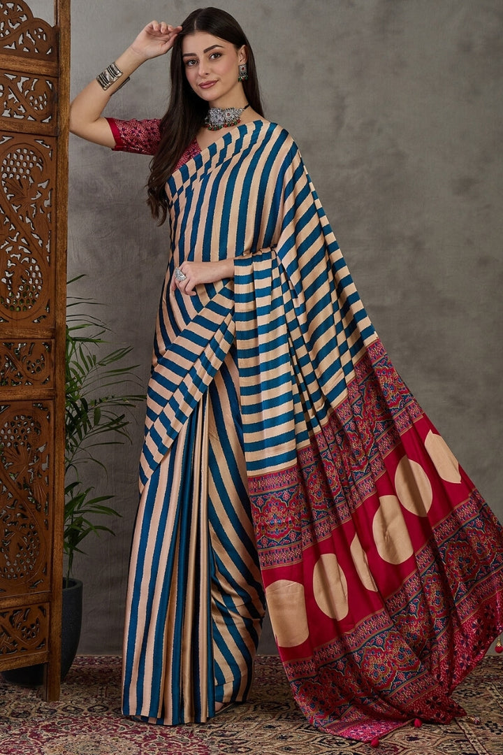 Navy Blue Stripe Ajrakh Printed Satin Silk Saree