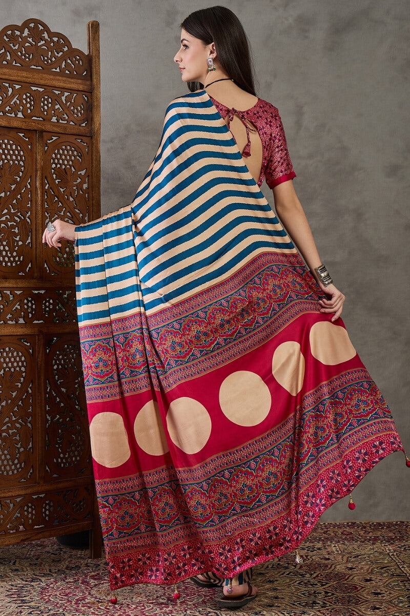 Navy Blue Stripe Ajrakh Printed Satin Silk Saree