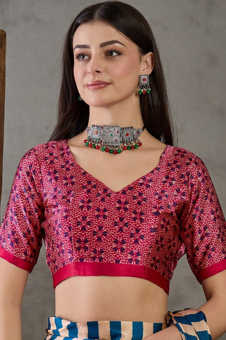 Navy Blue Stripe Ajrakh Printed Satin Silk Saree