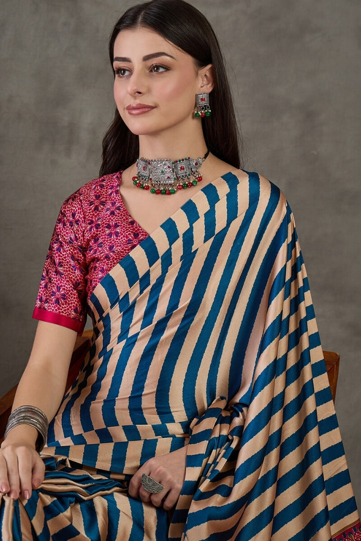 Navy Blue Stripe Ajrakh Printed Satin Silk Saree