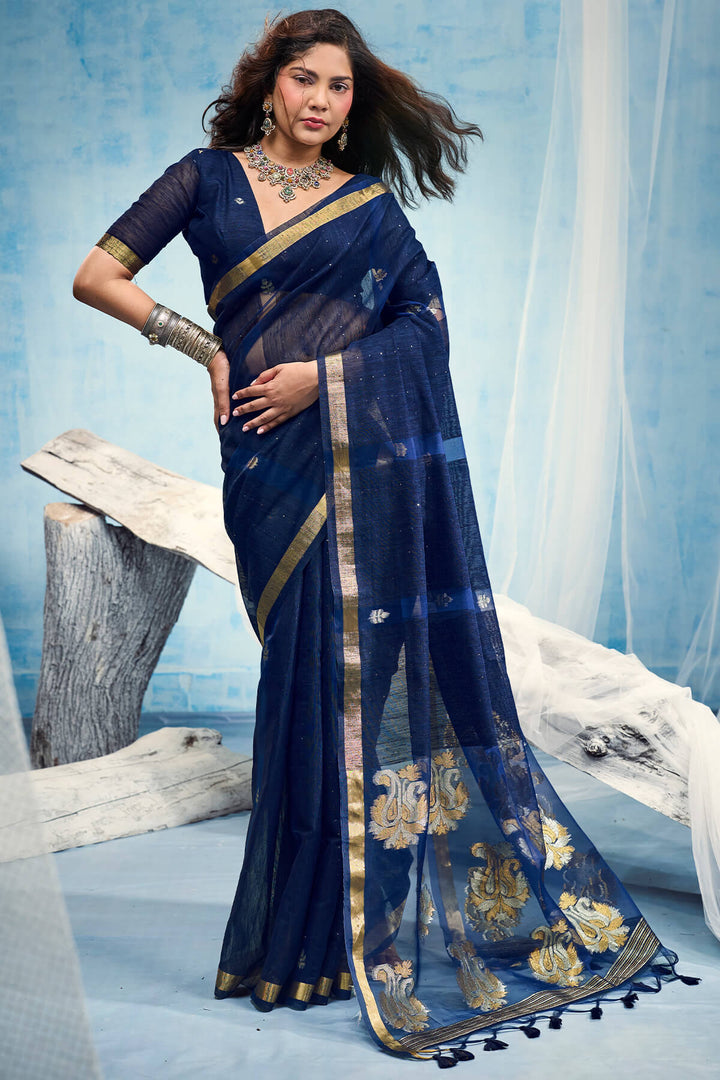 Navy Blue Zari Woven Pure Munga Cotton saree