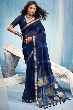 Navy Blue Zari Woven Pure Munga Cotton saree