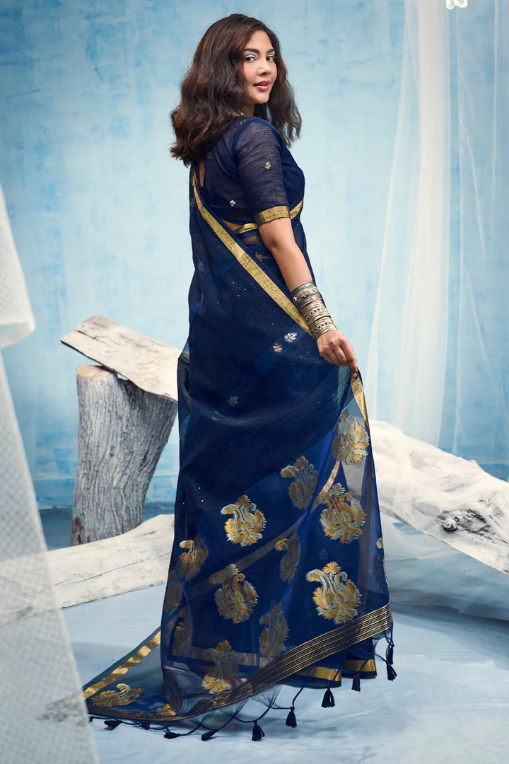 Navy Blue Zari Woven Pure Munga Cotton saree