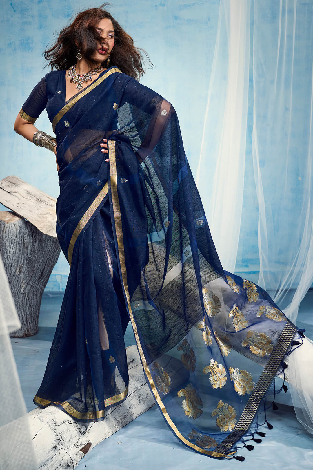 Navy Blue Zari Woven Pure Munga Cotton saree