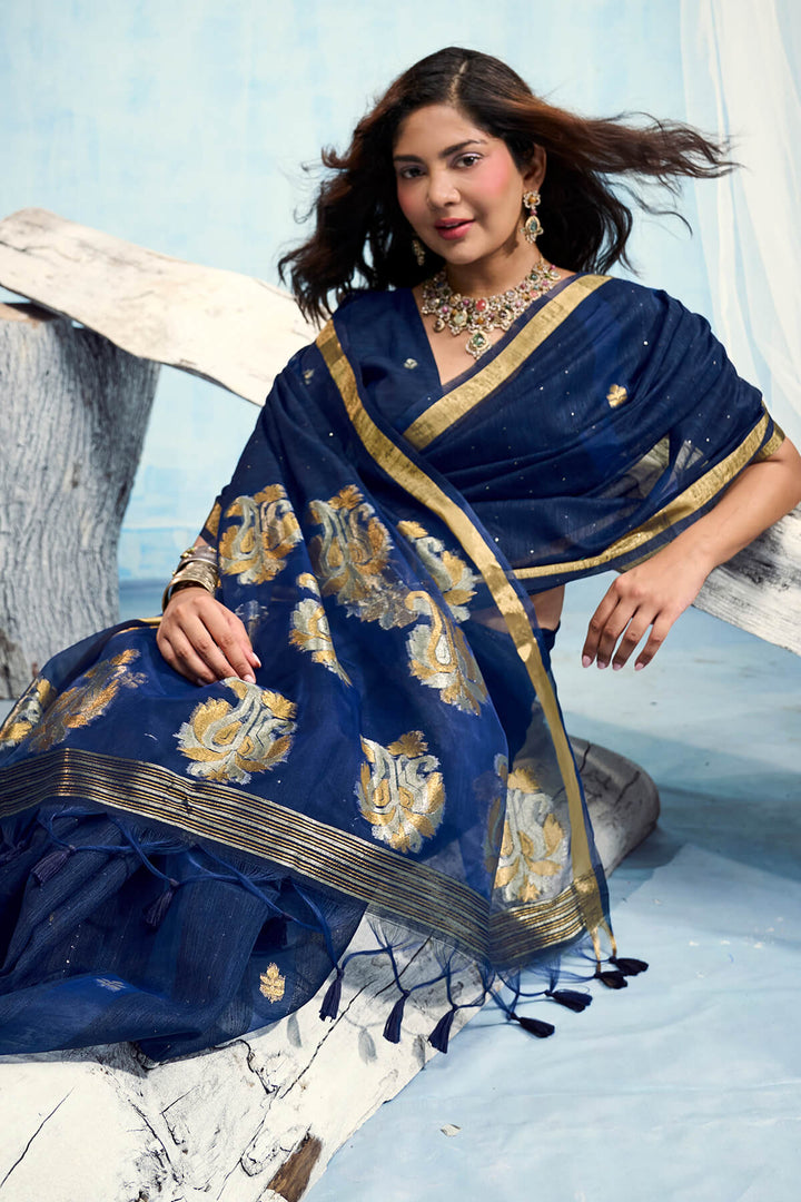 Navy Blue Zari Woven Pure Munga Cotton saree