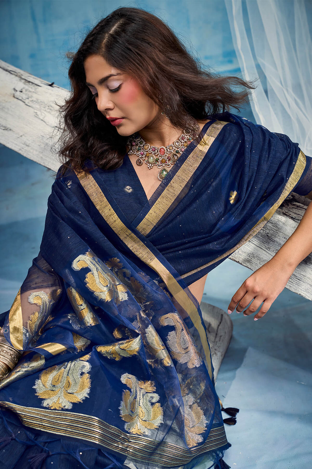 Navy Blue Zari Woven Pure Munga Cotton saree