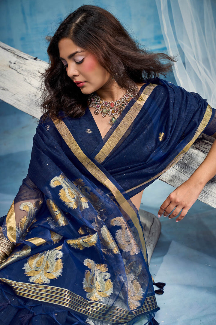 Navy Blue Zari Woven Pure Munga Cotton saree