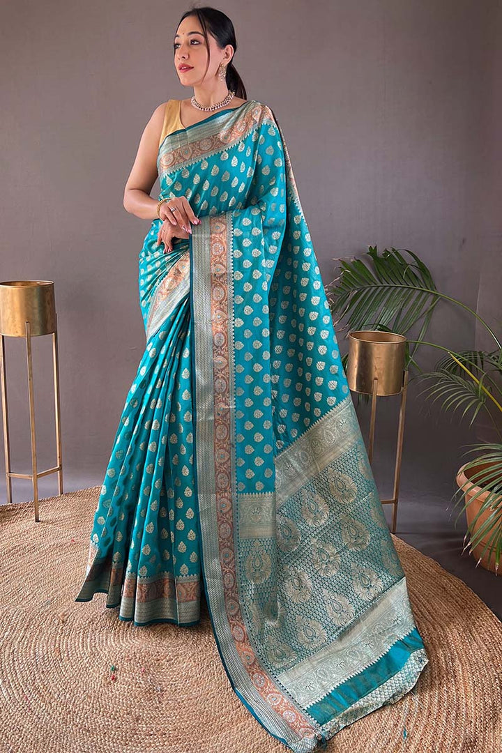 Neon Blue Zari Woven Banarasi Silk Saree