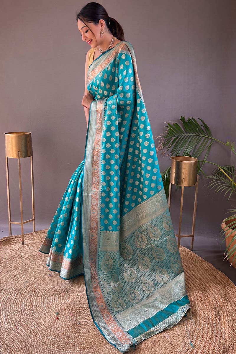 Neon Blue Zari Woven Banarasi Silk Saree