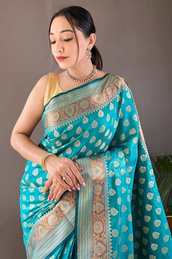 Neon Blue Zari Woven Banarasi Silk Saree