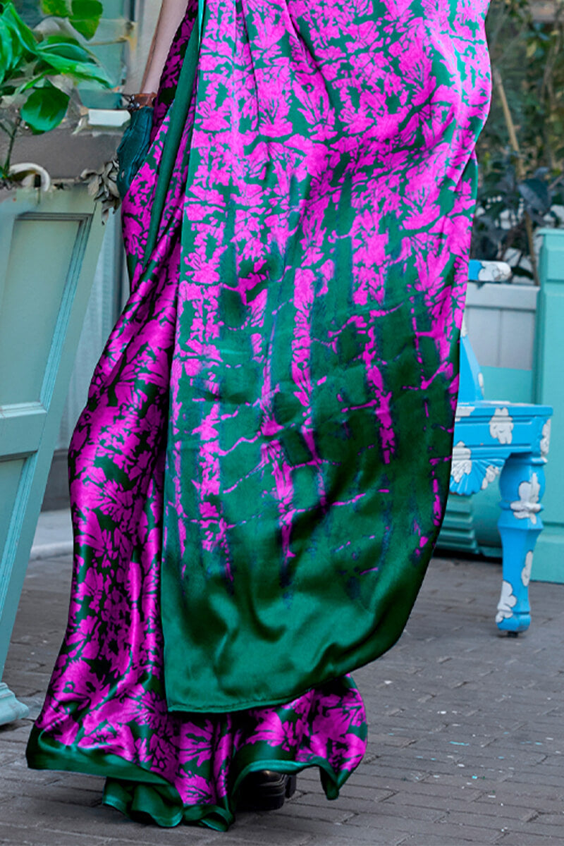 Neon Pink Printed Satin Silk Saree