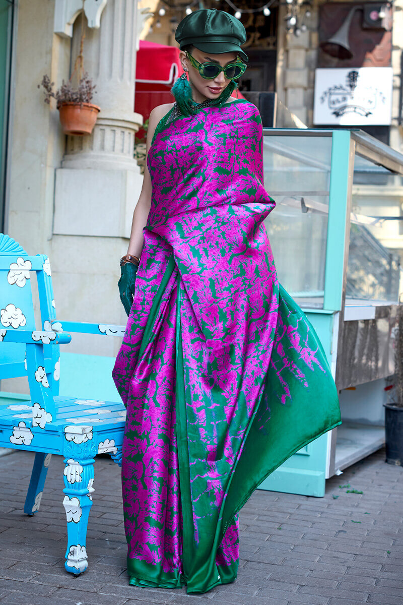 Neon Pink Printed Satin Silk Saree