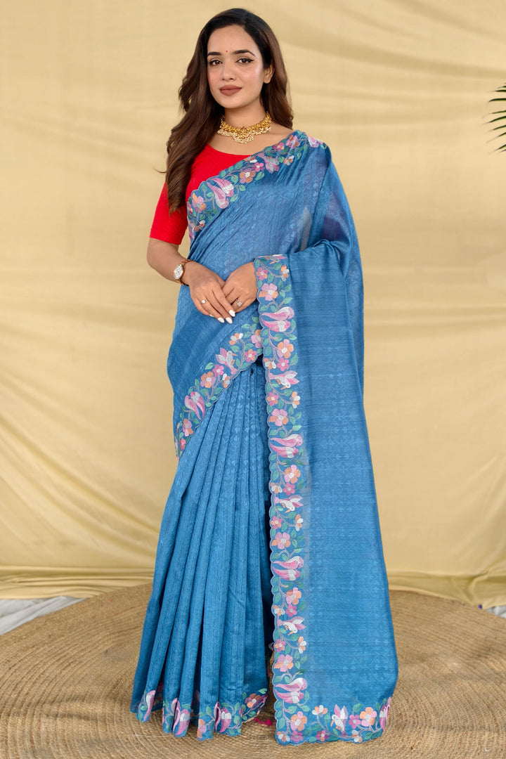 Nice Blue Embroiedery Work Tussar Silk Saree