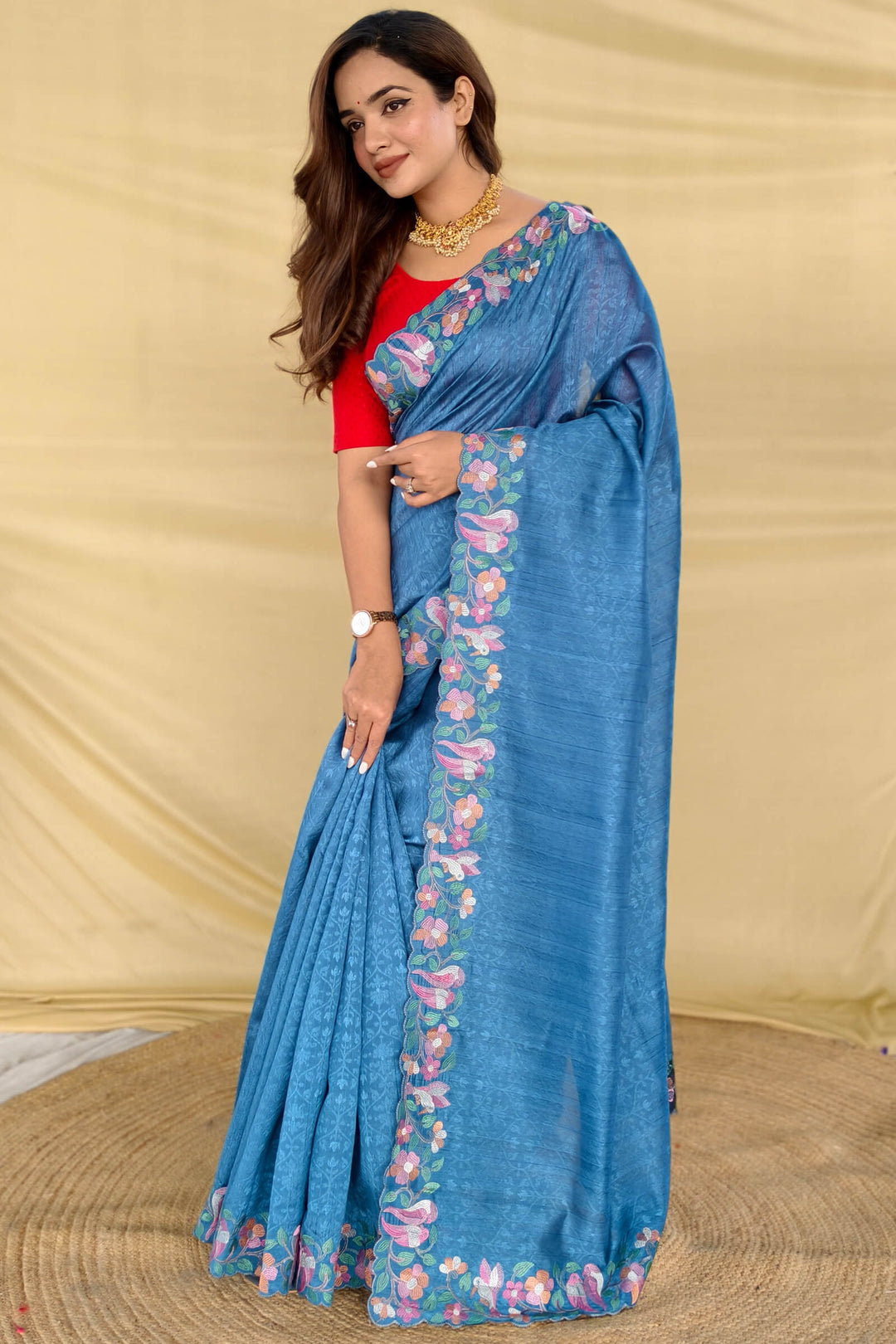 Nice Blue Embroiedery Work Tussar Silk Saree