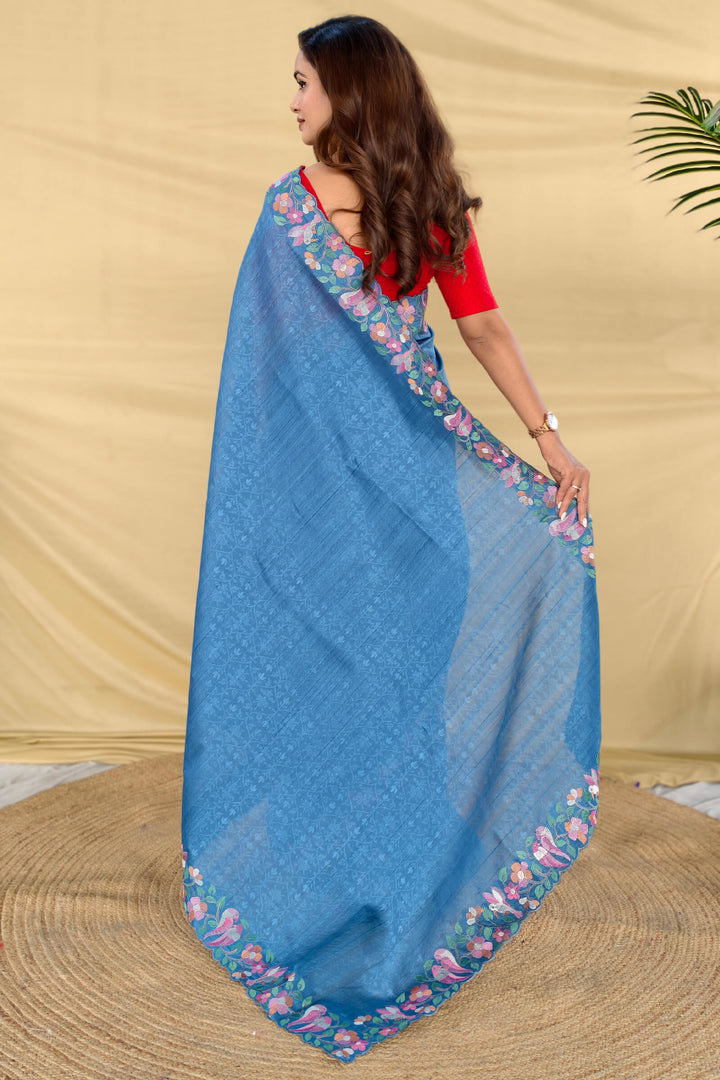 Nice Blue Embroiedery Work Tussar Silk Saree