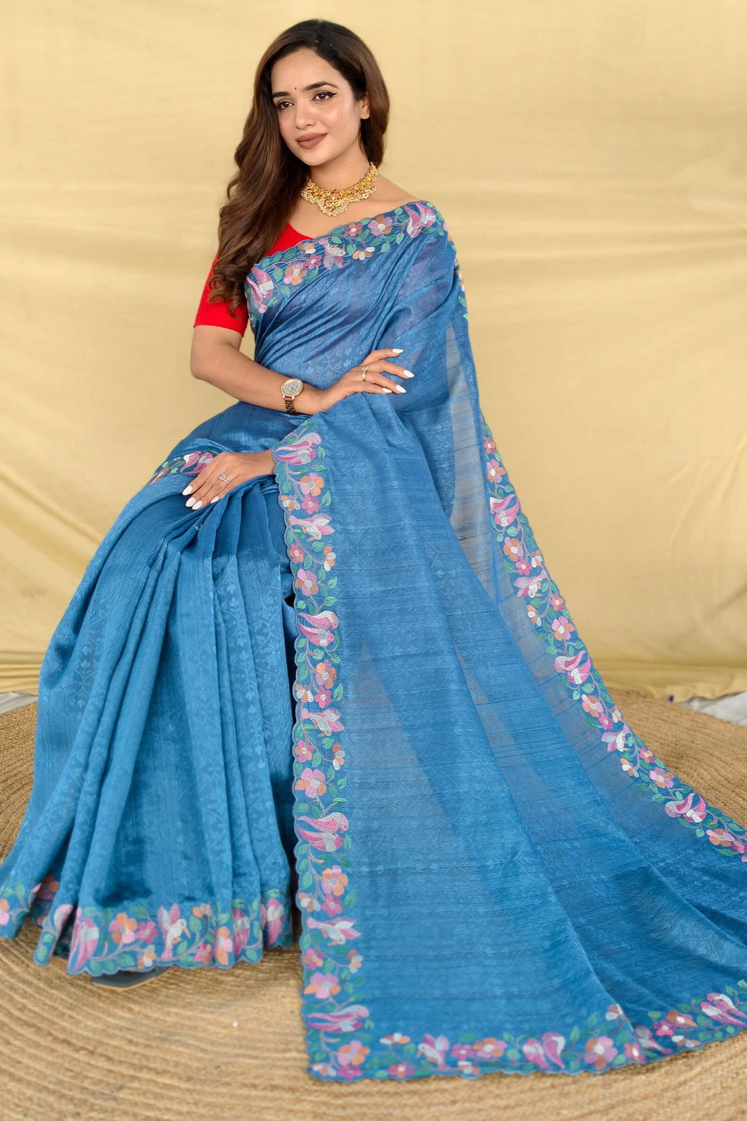 Nice Blue Embroiedery Work Tussar Silk Saree