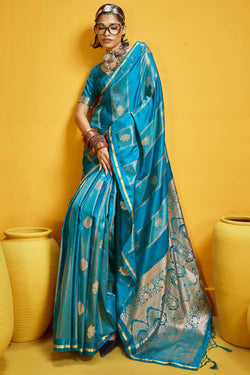 Nice Blue Purple Banarasi Satin Silk Saree