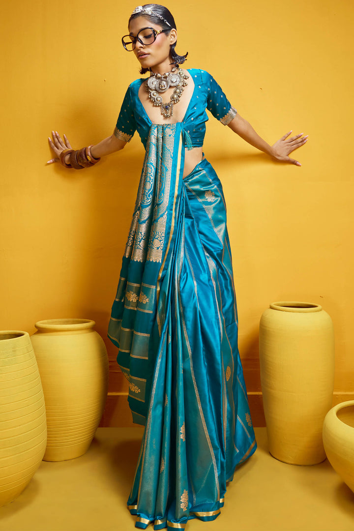 Nice Blue Purple Banarasi Satin Silk Saree
