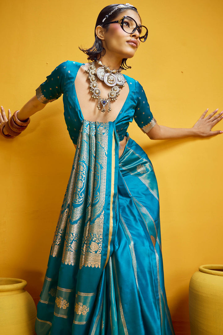 Nice Blue Purple Banarasi Satin Silk Saree