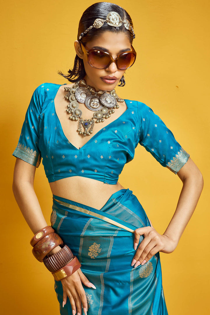 Nice Blue Purple Banarasi Satin Silk Saree