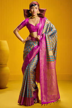 Nice Blue Two tone Checks Banarasi Silk Saree