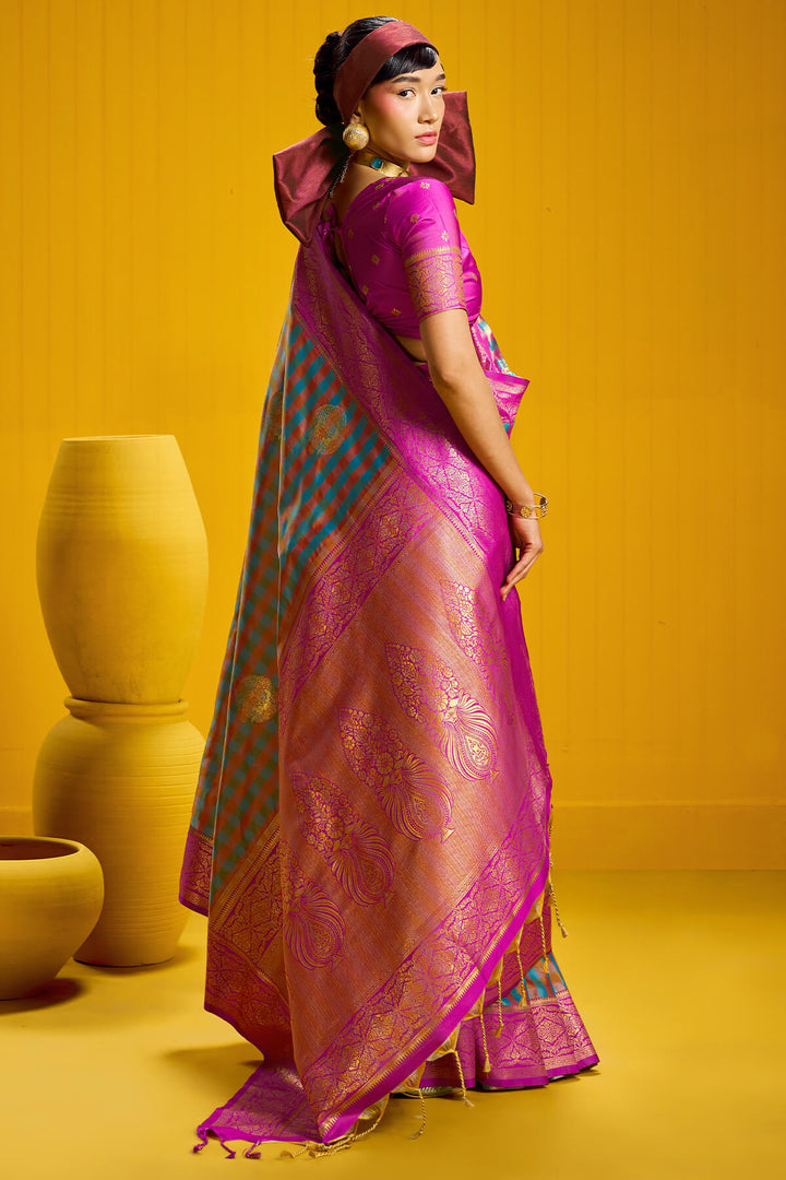 Nice Blue Two tone Checks Banarasi Silk Saree