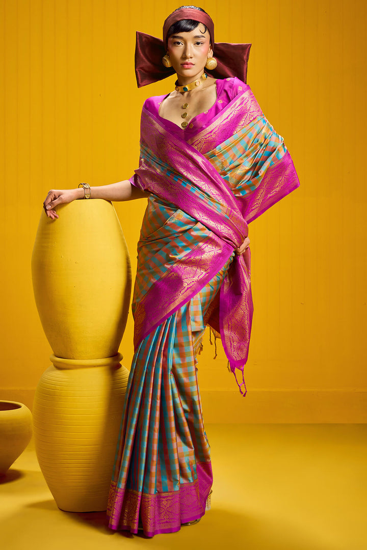 Nice Blue Two tone Checks Banarasi Silk Saree