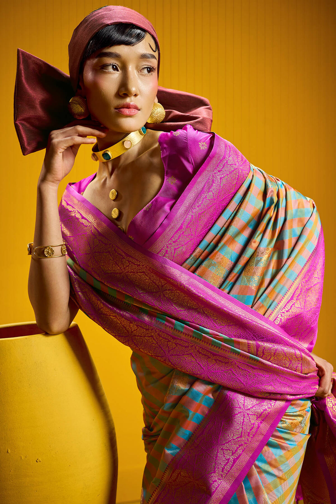 Nice Blue Two tone Checks Banarasi Silk Saree