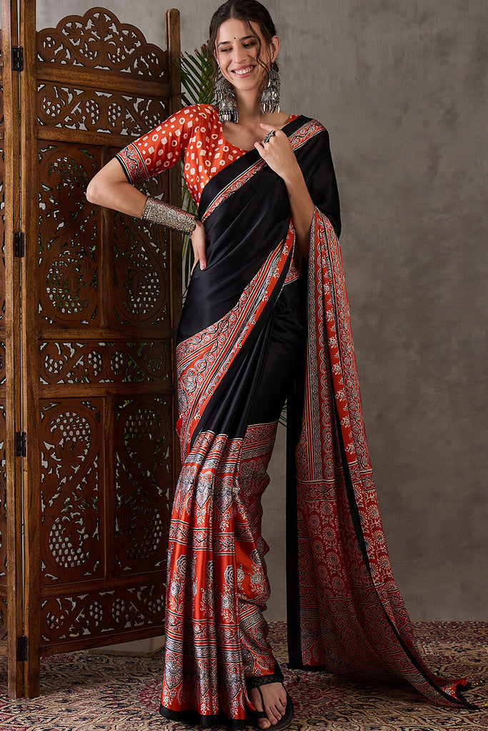 Night Black Ajrakh Printed Satin Silk Saree