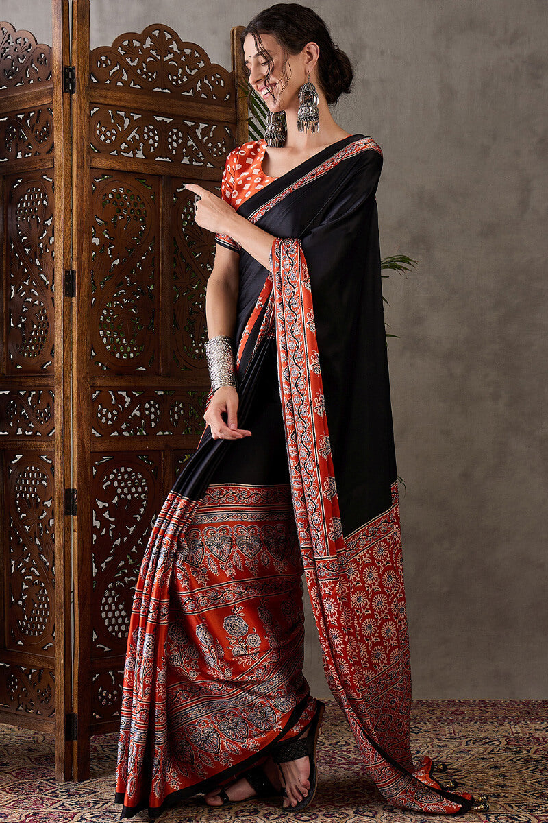 Night Black Ajrakh Printed Satin Silk Saree