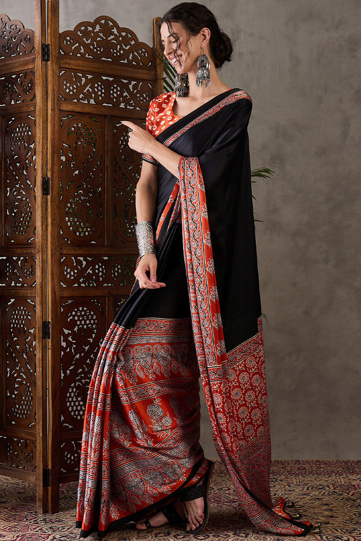 Night Black Ajrakh Printed Satin Silk Saree
