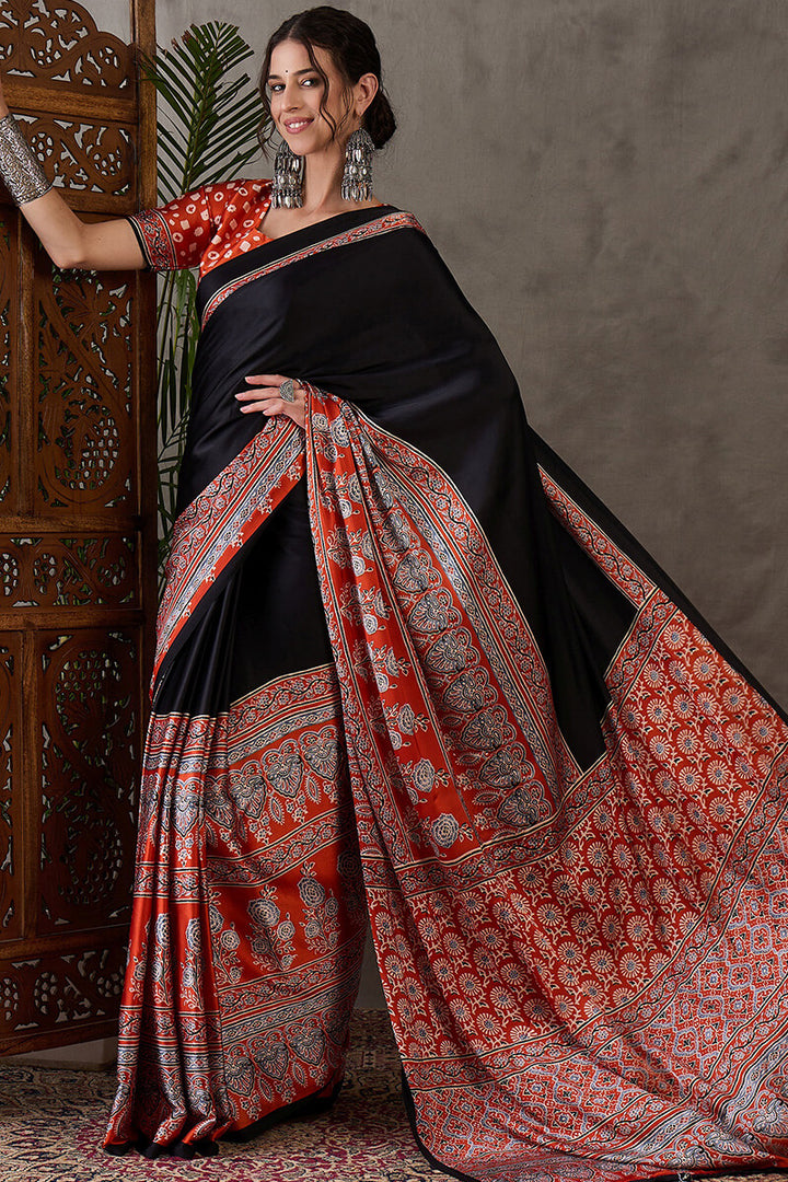 Night Black Ajrakh Printed Satin Silk Saree